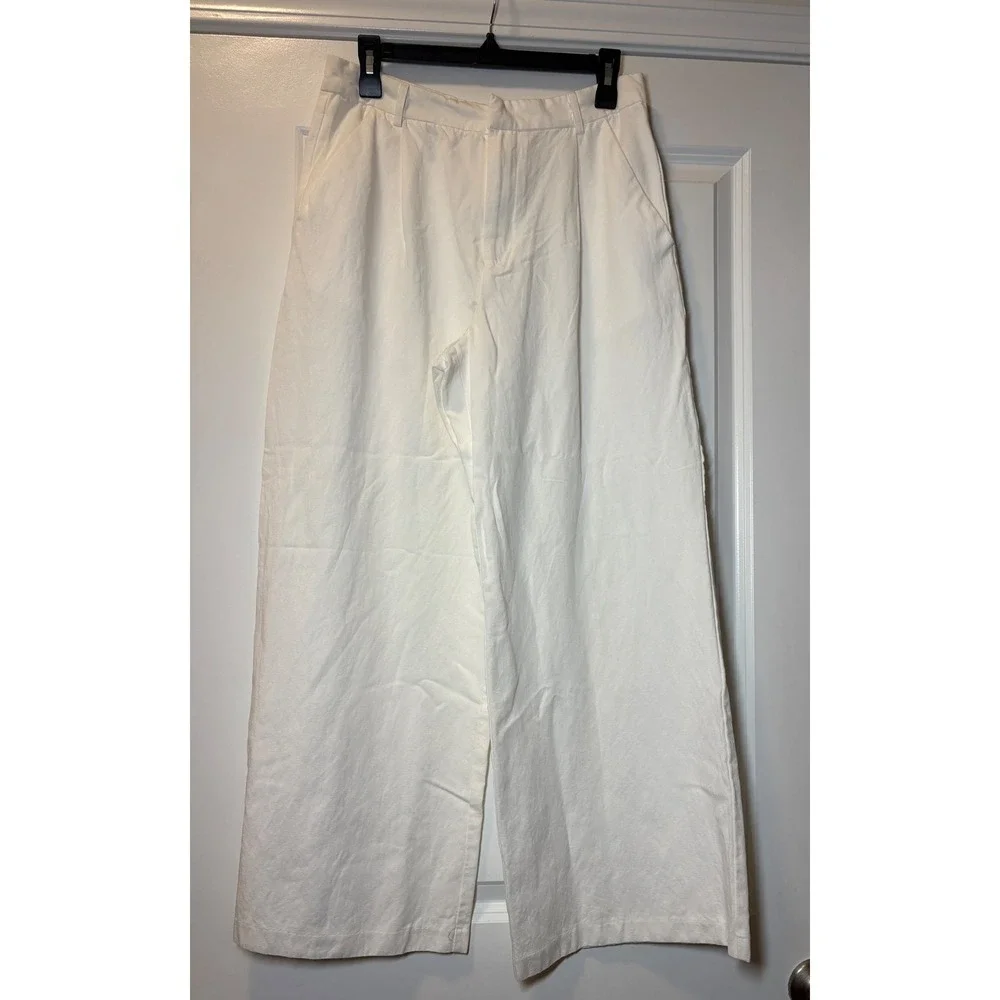 Zara Womens‎ White Linen Blend Wide Leg Pleated High Waist Trousers Size M